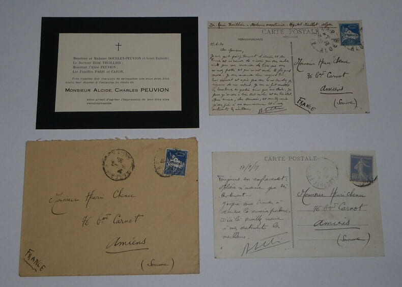 Ren&eacute; THUILLIER - LOT DE 2 CARTES POSTALES AUTOGRAPHES SIGN&Eacute;E &Agrave; HENRI CHENU et 1 AVIS DE D&Eacute;C&Egrave;S, autour de Moli&egrave;re. Ren&eacute; THUILLIER