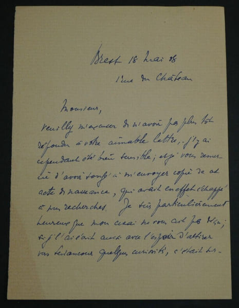 Joachim MERLANT, Auteur - LETTRE AUTOGRAPHE SIGN&Eacute;E, Brest, 1908. Joachim MERLANT