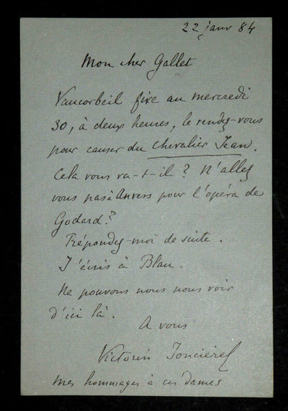 Victorin de JONCI&Egrave;RES - CARTE AUTOGRAPHE SIGN&Eacute;E &Agrave; Louis GALLET, 1884. Victorin de Jonci&egrave;res