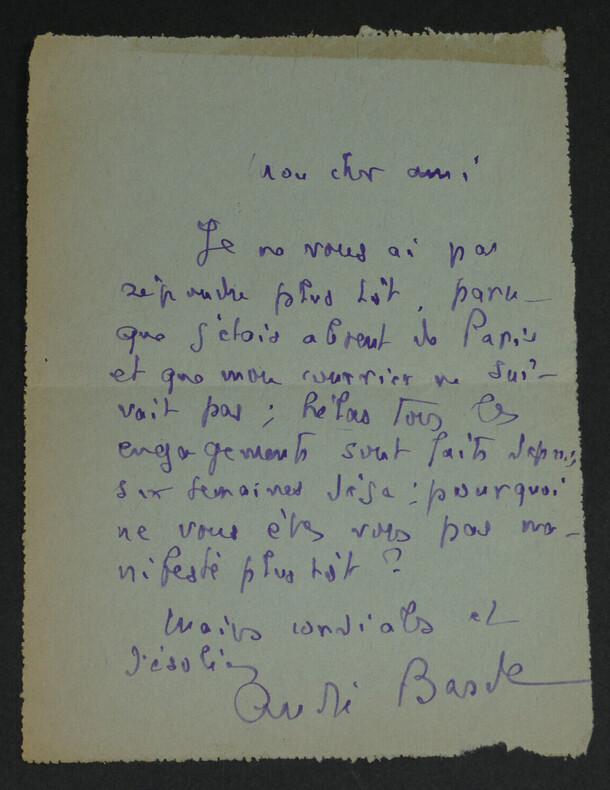 Andr&eacute; BARDE - Lettre autographe sign&eacute;e &agrave; Mr Mothillon, 23 juin 1936. Andr&eacute; BARDE (Andr&eacute; Bourdonneau)