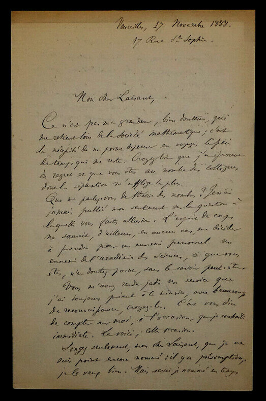 Georges Henri HALPHEN - LETTRE AUTOGRAPHE SIGN&Eacute;E A Charles-Ange LAISANT, 1888. Georges Henri HALPHEN