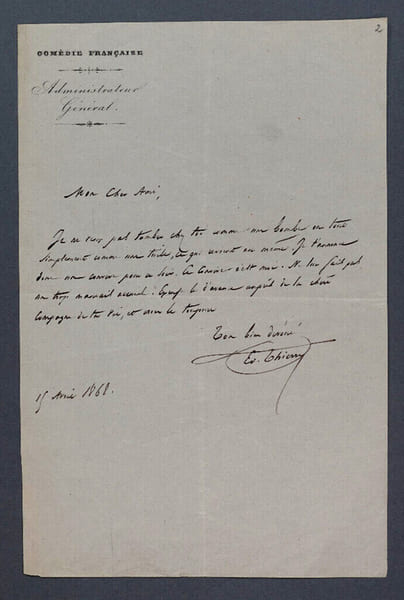 &Eacute;douard THIERRY - LETTRE AUTOGRAPHE SIGN&Eacute;E, 1868. &Eacute;douard Thierry