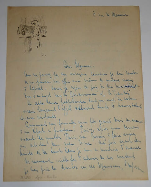 BING Olga - LETTRE AUTOGRAPHE SIGN&Eacute;E, CROQUIS INFIRMI&Egrave;RES. Olga Bing