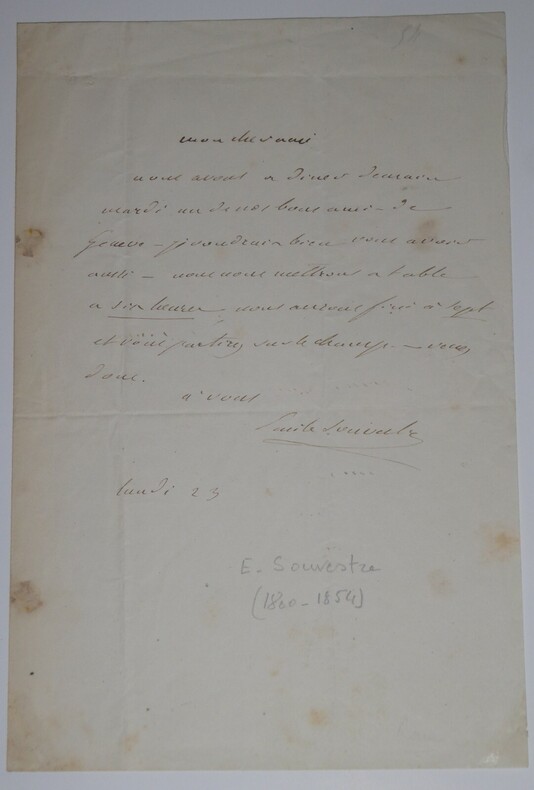 LETTRE AUTOGRAPHE SIGN&Eacute;E, &Eacute;CRIVAIN, AVOCAT. Emile Souvestre