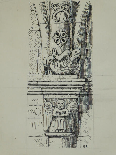 Retomb&eacute;e des nervures du chœur de l'&eacute;glise de Lucheux (Somme) - Dessin original sign&eacute;. Louis Henri Laffill&eacute;e
