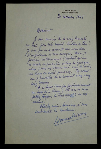 Edouard PEISSON, Ecrivain - LETTRE AUTOGRAPHE SIGN&Eacute;E, 1945. Edouard PEISSON