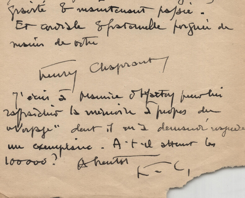 Henry Chapront - Fragment de lettre autographe sign&eacute;e "Roseau vert" & "Voyage". Henry Chapront