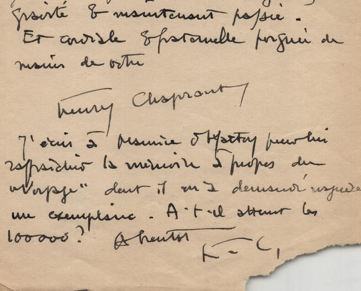 Henry Chapront - Fragment de lettre autographe sign&eacute;e "Roseau vert" & "Voyage". Henry Chapront