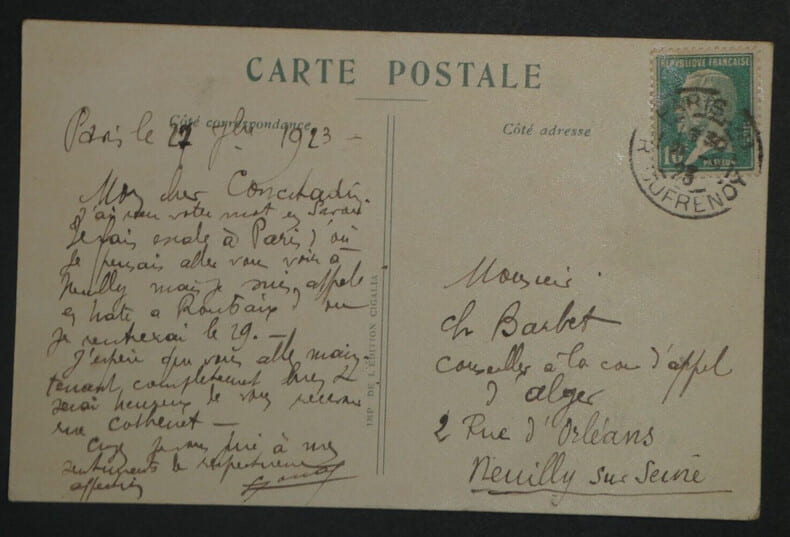 Lucien JONAS - CARTE POSTALE AUTOGRAPHE SIGN&Eacute;E &agrave; Charles BARBET, 1923. Lucien JONAS