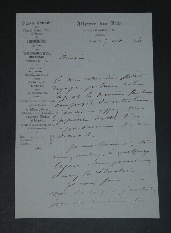 P. LACROIX BIBLIOPHILE JACOB - LETTRE AUTOGRAPHE SIGN&Eacute;E Alliance des Arts - 1846. Paul LACROIX dit BIBLIOPHILE JACOB