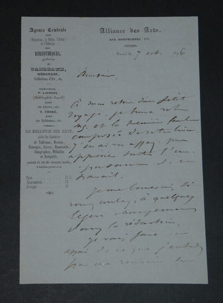 P. LACROIX BIBLIOPHILE JACOB - LETTRE AUTOGRAPHE SIGN&Eacute;E Alliance des Arts - 1846. Paul LACROIX dit BIBLIOPHILE JACOB