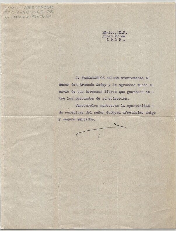 Jos&eacute; Vasconcelos - Lettre dactylographi&eacute;e sign&eacute;e (secr&eacute;tariat) &agrave; A. Godoy - 1929. Jos&eacute; Vasconcelos