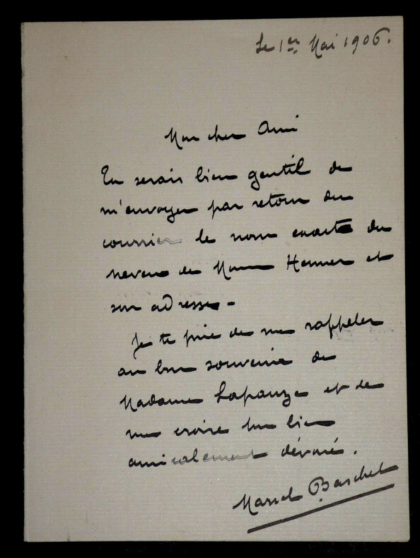 LETTRE AUTOGRAPHE SIGN&Eacute;E, 1er mai 1906. Marcel Baschet