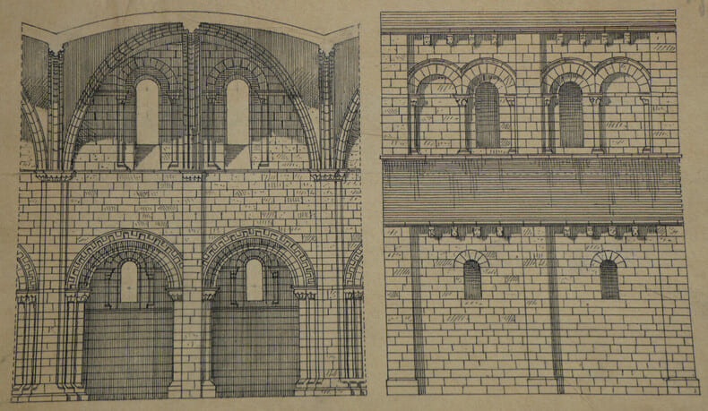 Trav&eacute;e de l'&eacute;glise de Berni&egrave;res - &Eacute;l&eacute;vation int&eacute;rieure et ext&eacute;rieure (XIIe si&egrave;cle) - Dessin original sign&eacute;. Louis Henri Laffill&eacute;e