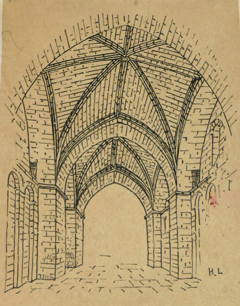 Dessin original sign&eacute; - Coupe transversale sur l'&eacute;glise de Saint-Avit-S&eacute;nieur. Louis Henri Laffill&eacute;e