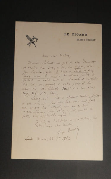 Serge BASSET - Lettre autographe sign&eacute;e &agrave; son ma&icirc;tre &agrave; propos du FIGARO en date du 11 septembre 1982. Serge BASSET