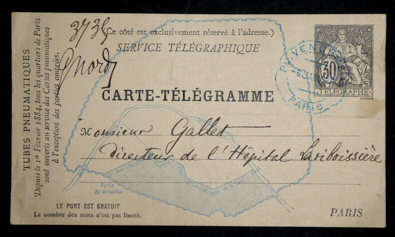 CARTE-T&Eacute;L&Eacute;GRAMME AUTOGRAPHE SIGN&Eacute;E &Agrave; Louis GALLET, 1885. Victorin Jonci&egrave;res