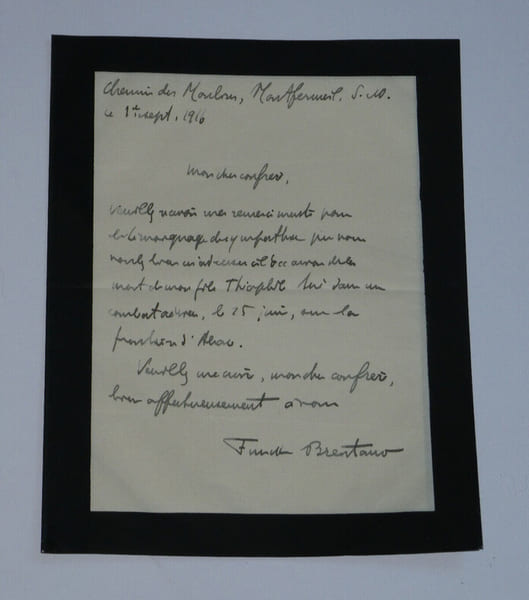 Frantz FUNCK BRENTANO - LETTRE AUTOGRAPHE SIGN&Eacute;E "Mort de mon fils" GUERRE 14/18. Frantz FUNCK-BRENTANO