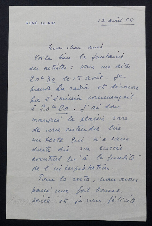 Ren&eacute; CLAIR - LETTRE AUTOGRAPHE SIGN&Eacute;E, 1954. Ren&eacute; CLAIR