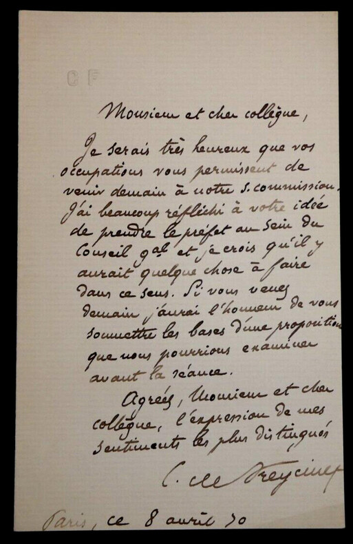 Charles Louis Saulces DE FREYCINET - LETTRE AUTOGRAPHE SIGN&Eacute;E, Paris, 1890. Charles Louis Saulces DE FREYCINET