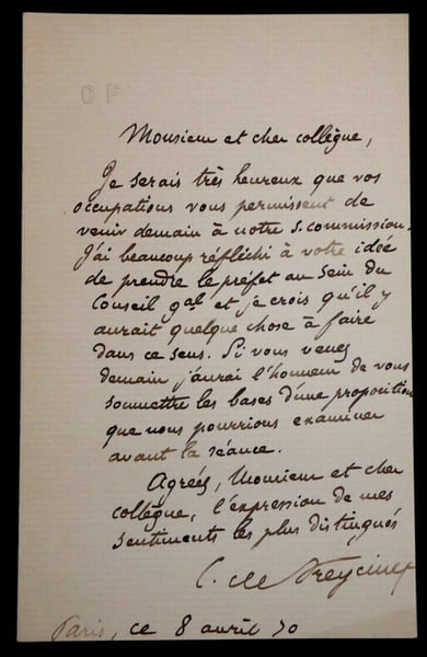 Charles Louis Saulces DE FREYCINET - LETTRE AUTOGRAPHE SIGN&Eacute;E, Paris, 1890. Charles Louis Saulces DE FREYCINET