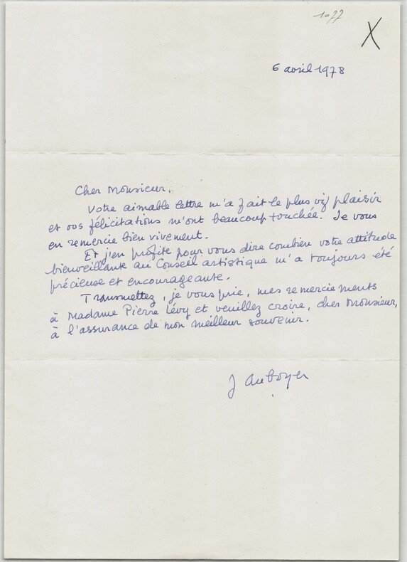 Jeannine Auboyer - Lettre autographe sign&eacute;e &agrave; Pierre L&eacute;vy - 1978. Jeannine Auboyer