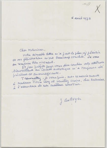 Jeannine Auboyer - Lettre autographe sign&eacute;e &agrave; Pierre L&eacute;vy - 1978. Jeannine Auboyer