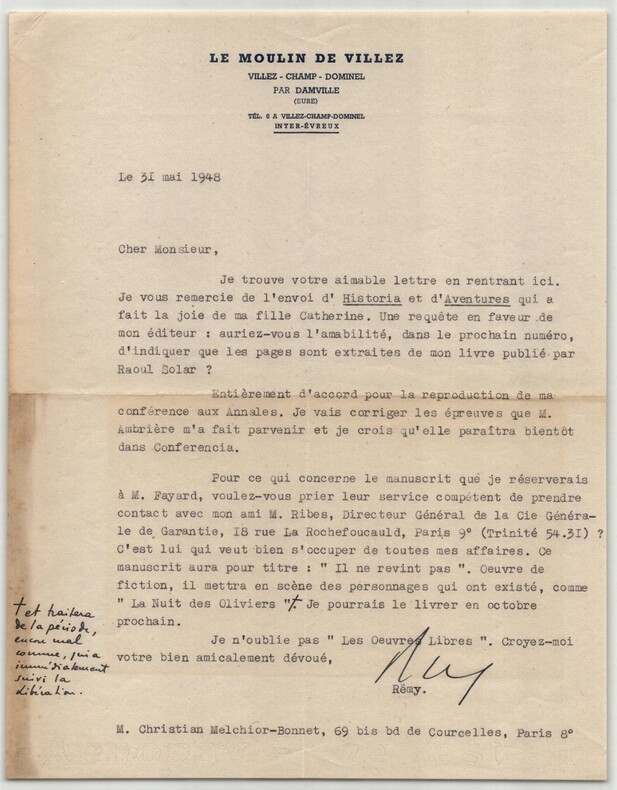 Colonel R&eacute;my - Lettre dactylographi&eacute;e sign&eacute;e "Il ne revint pas" - 1948. Colonel R&eacute;my (Gilbert Renault)