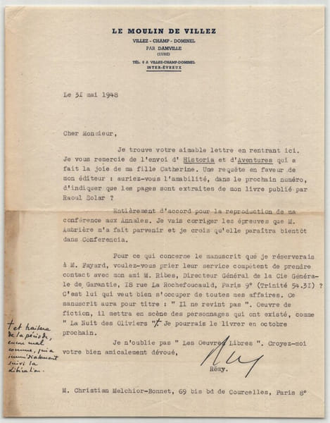 Colonel R&eacute;my - Lettre dactylographi&eacute;e sign&eacute;e "Il ne revint pas" - 1948. Colonel R&eacute;my (Gilbert Renault)