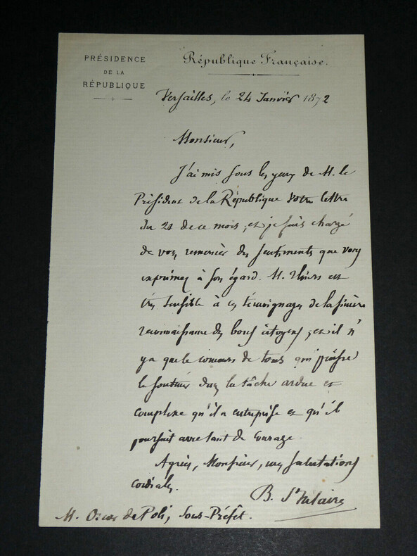 Jules BARTHELEMY-SAINT-HILAIRE - LETTRE AUTOGRAPHE SIGN&Eacute;E &Agrave; Oscar de POLI, 1872. Jules BARTHELEMY-SAINT-HILAIRE