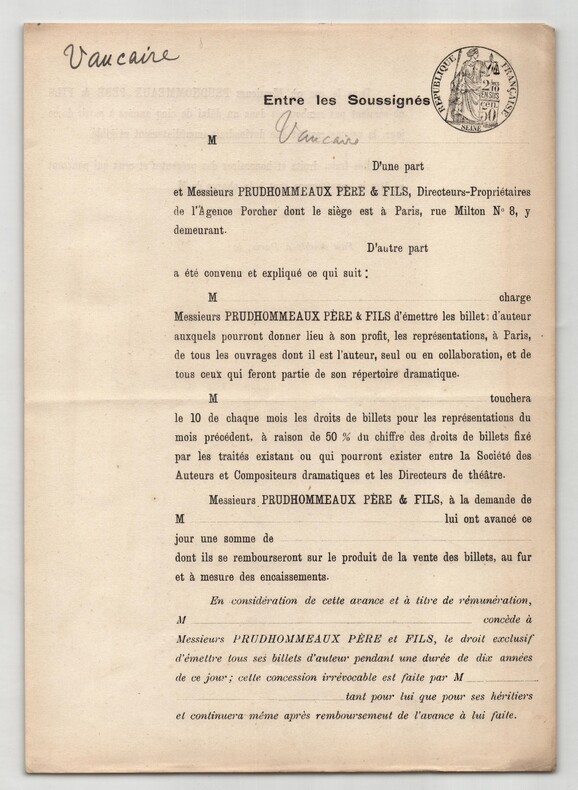 Pouvoir sign&eacute; Maurice Vaucaire – Collection coh&eacute;rente de 50 auteurs & musiciens. Maurice Vaucaire