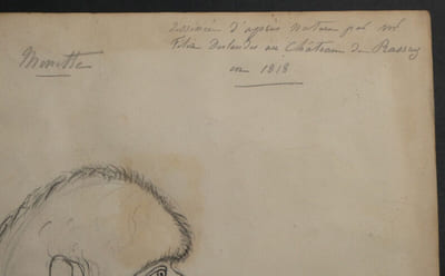 Dessin au crayon Singe par Félix Deslandes au Château de Rassay, Génillé, 1818
