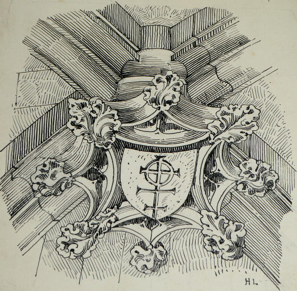 Rosace encadrant un &eacute;cusson - Dessin original sign&eacute; de ses initiales, r&eacute;alis&eacute; &agrave; l'encre vers 1930. Louis Henri Laffill&eacute;e
