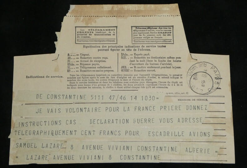 Samuel Lazare - Message t&eacute;l&eacute;gramme volontariat patriotique Aviation 1939. Samuel Lazare