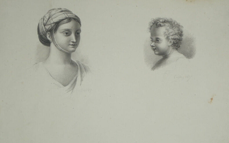 Dessin crayon sign&eacute; [Charles Michel Geoffroy] - Portraits femme & enfant XIX&egrave;me. Charles Michel Geoffroy