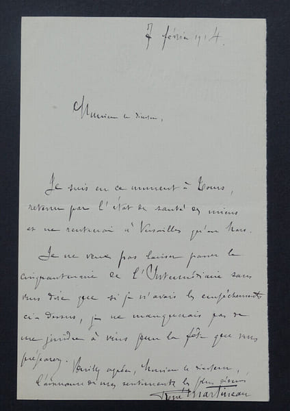 Ren&eacute; MARTINEAU, Biographe - LETTRE AUTOGRAPHE SIGN&Eacute;E, 1914. Ren&eacute; MARTINEAU