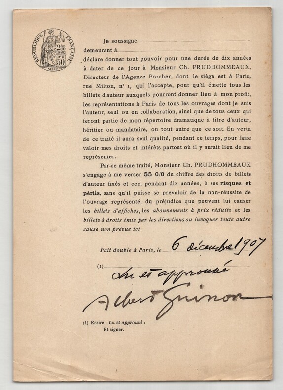 Pouvoir sign&eacute; par Albert Guinon – Collection coh&eacute;rente de 50 auteurs & musiciens. Albert Guinon