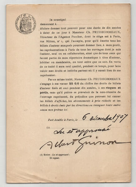 Pouvoir sign&eacute; par Albert Guinon – Collection coh&eacute;rente de 50 auteurs & musiciens. Albert Guinon
