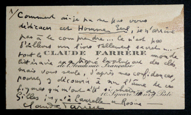 LETTRE AUTOGRAPHE SIGN&Eacute;E SUR CARTE DE VISITE. Claude Farr&egrave;re