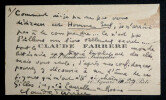 LETTRE AUTOGRAPHE SIGN&Eacute;E SUR CARTE DE VISITE. Claude Farr&egrave;re