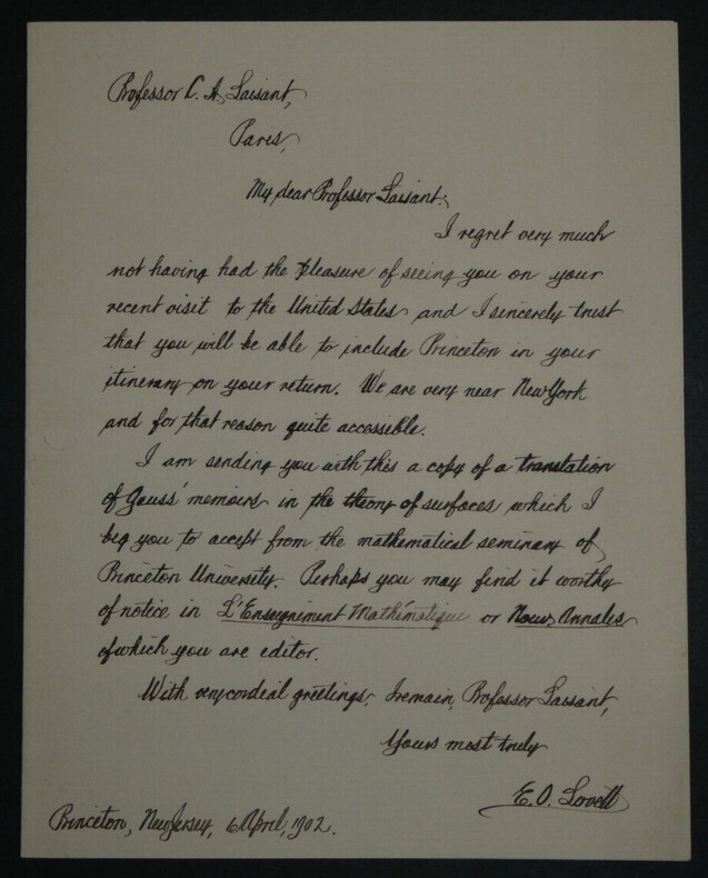 Edgar Odell LOVETT - LETTRE AUTOGRAPHE SIGN&Eacute;E A C.A. LAISANT, Princeton, 1902. Edgar Odell LOVETT