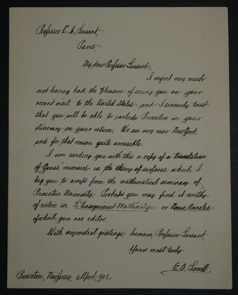 Edgar Odell LOVETT - LETTRE AUTOGRAPHE SIGN&Eacute;E A C.A. LAISANT, Princeton, 1902. Edgar Odell LOVETT