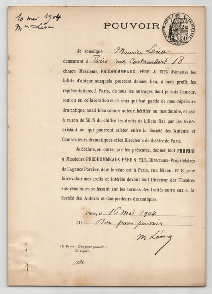 Pouvoir sign&eacute;  Maurice L&eacute;na – Collection coh&eacute;rente de 50 auteurs & musiciens. Maurice L&eacute;na