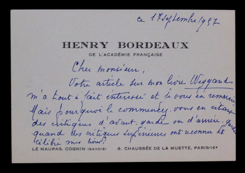 Henry BORDEAUX, Romancier - BELLE CARTE DE VISITE AUTOGRAPHE SIGN&Eacute;E, 1957. Henry BORDEAUX
