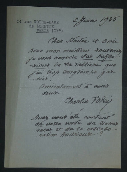 FOLEY Charles - LETTRE AUTOGRAPHE SIGNEE, PARIS 1935. Charles Fole&yuml;