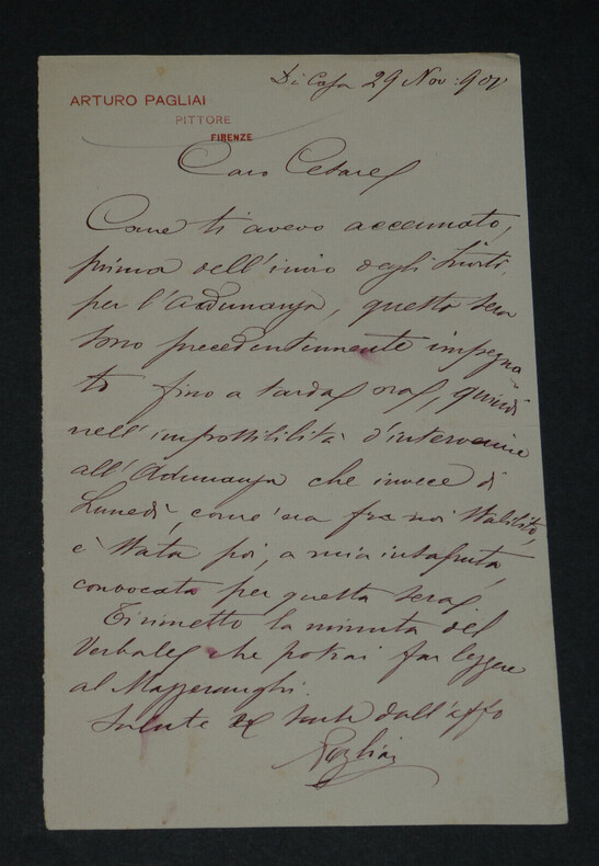 Arturo Pagliai - Peintre - Lettre autographe sign&eacute;e 1901. Arturo Pagliai