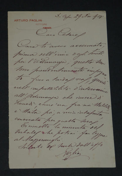 Arturo Pagliai - Peintre - Lettre autographe sign&eacute;e 1901. Arturo Pagliai