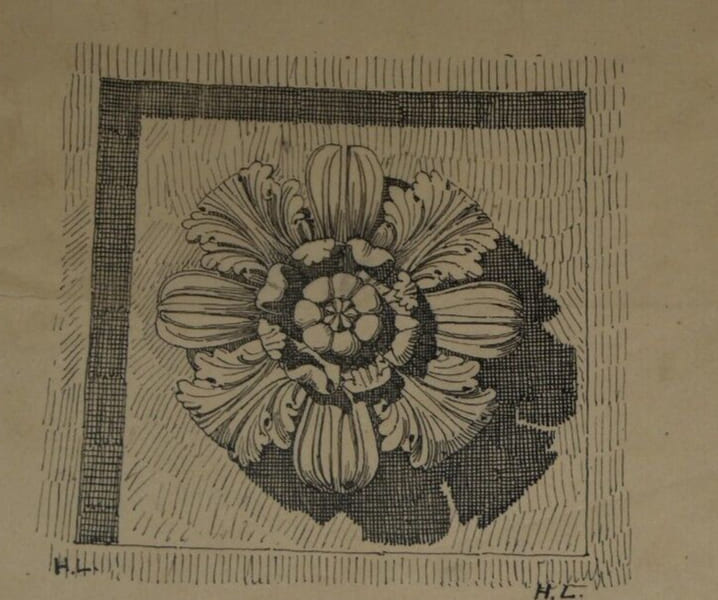 Dessin original sign&eacute; - Caisson de plafond avec fleuron du temple de Castor et Pollux. Louis Henri Laffill&eacute;e