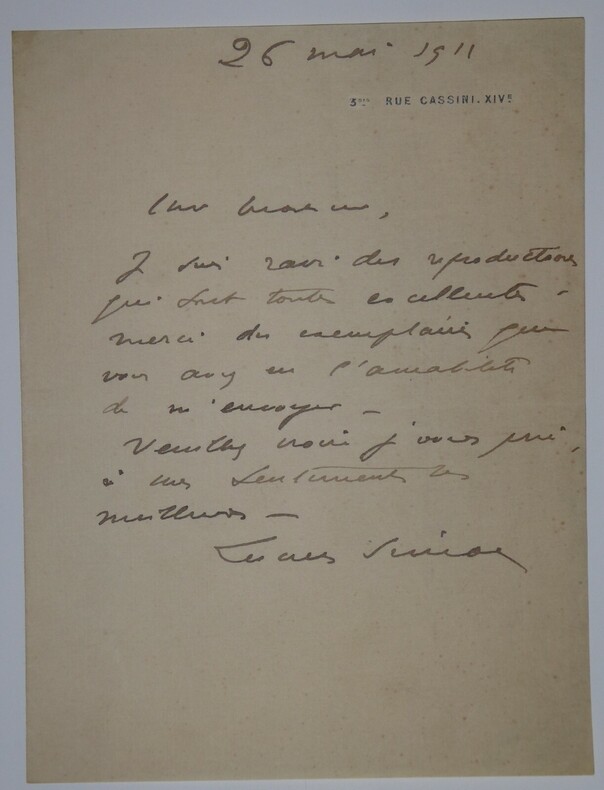 SIMON Lucien - LETTRE AUTOGRAPHE SIGN&Eacute;E, MAI 1911. Lucien Simon