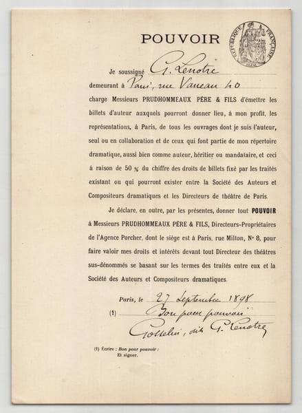 Pouvoir sign&eacute; par Gosselin dit G. Lenotre – Collection de 50 auteurs & musiciens. Gosselin dit G. Lenotre